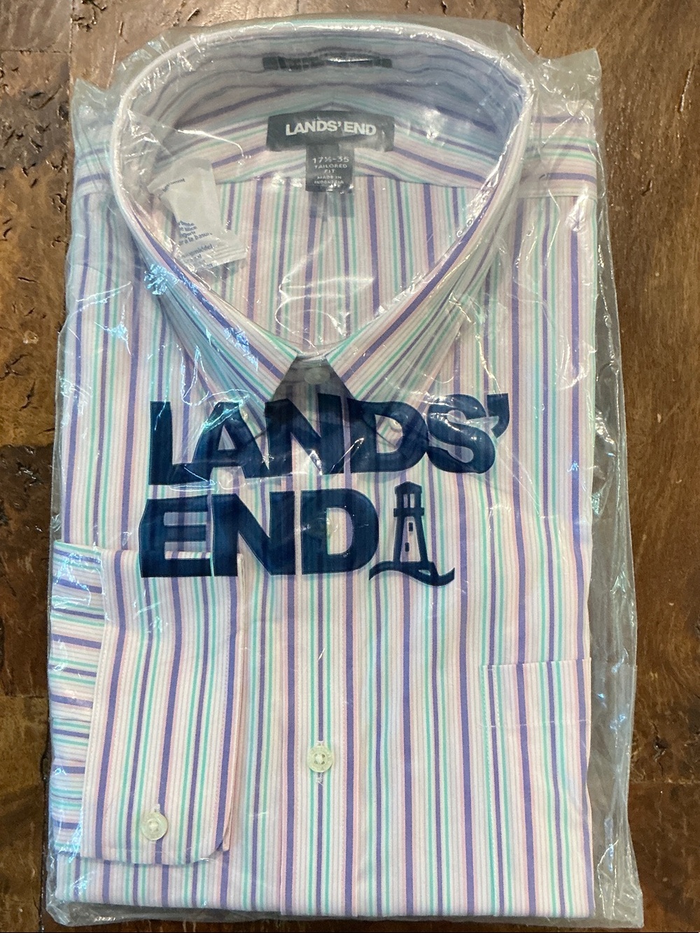 Lands' End Lavender, White & Mint Striped Dress Shirt